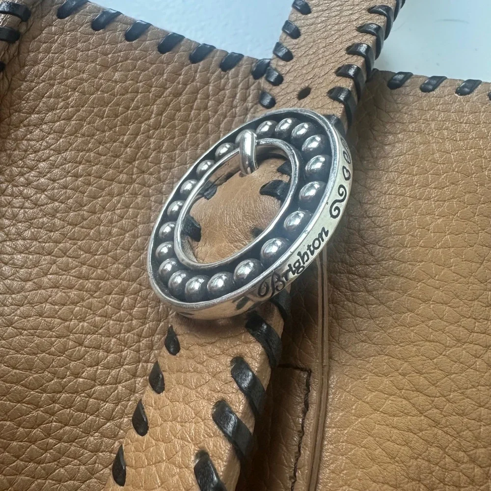 Brighton Shoulder Bag Womens Medium Tan Leather Whipstitch Silver Hardware Boho